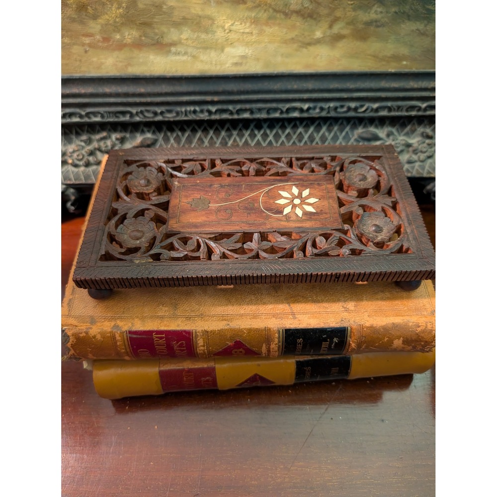 Vintage Hand Carved Wood Trivet Stand Floral Bone Brass Inlay India Footed